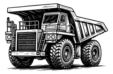 Illustration of a Heavy Dump Truck in Detailed Black and White Engraved Style Artwork