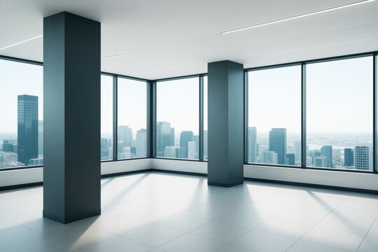 Modern empty office interior with large windows and cityscape view, natural light and contemporary architecture in urban high-rise building. - Powered by Adobe