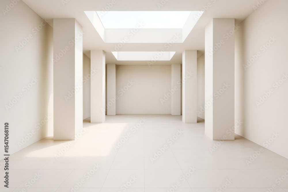 Poster minimalist modern interior room with skylights and columns in soft natural lighting, showcasing clea