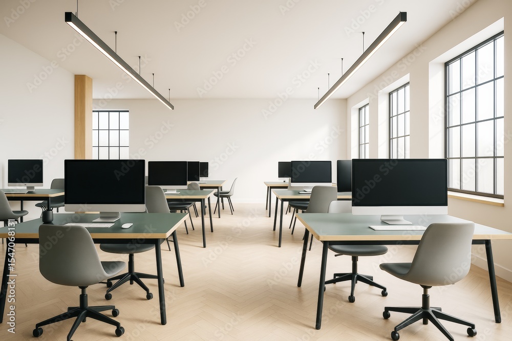 Poster modern empty office interior with rows of desks, computers, and chairs under large windows and ceili