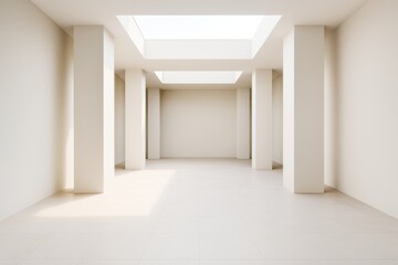 Minimalist modern interior room with skylights and columns in soft natural lighting, showcasing clean architecture and open contemporary design.
