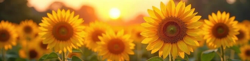 Obraz premium Vibrant sunflowers basking in the warm glow of the summer sun, their faces tilted towards the light A picturesque scene of nature's beauty and the power of the sun , countryside, nature, joy