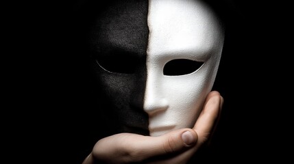 Black and white mask with a hand holding the chin, symbolizing secrecy or duality