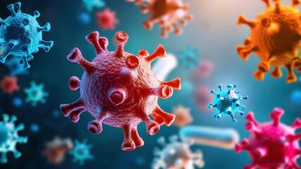 Virus particle microscopic infection disease pathogen 3D illustration red blue orange virus medical concept health biology science close up cell structure viral infection detailed surface structure - Powered by Adobe
