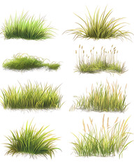 Highly detailed illustrations of various trees, leaves, grasses, and botanical elements, featuring realistic, minimalist, and abstract compositions on a white background.