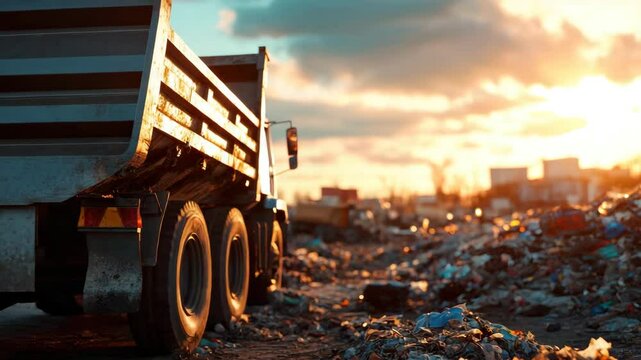 Dump truck at landfill site during sunset unloading trash and debris showing industrial vehicle managing waste and pollution highlighting environmental impact and urban challenges