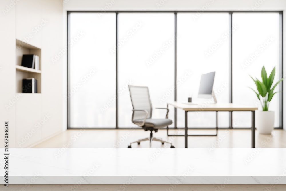 Poster modern bright office interior with white desk and large windows in background, ideal for branding or
