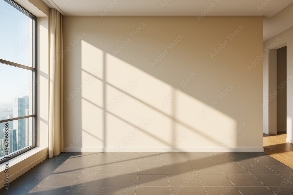 Poster sunlit modern empty room with large window and beige wall casting shadows, clean tiled floor, and ci