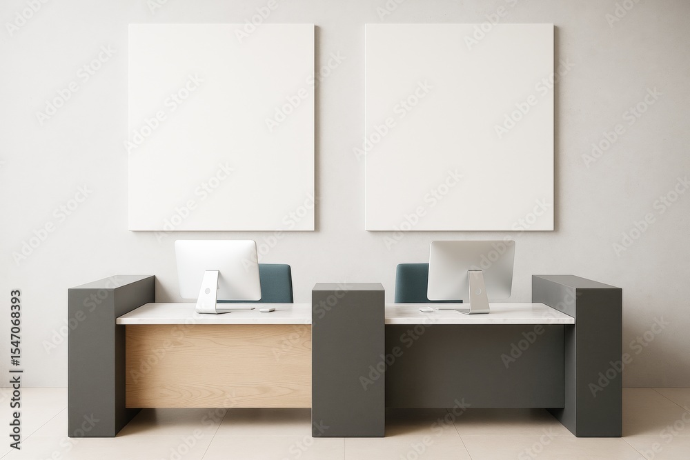 Poster modern office interior with two minimalist desks and blank posters on wall for branding or mockup co