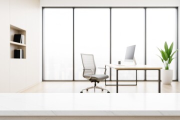 Modern bright office interior with white desk and large windows in background, ideal for branding or product mockup display concept scene.