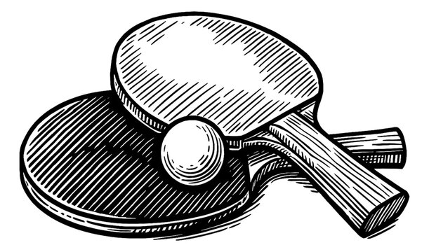 A Black and White Illustration of Two Table Tennis Paddles and a Ball in Detailed Line Art