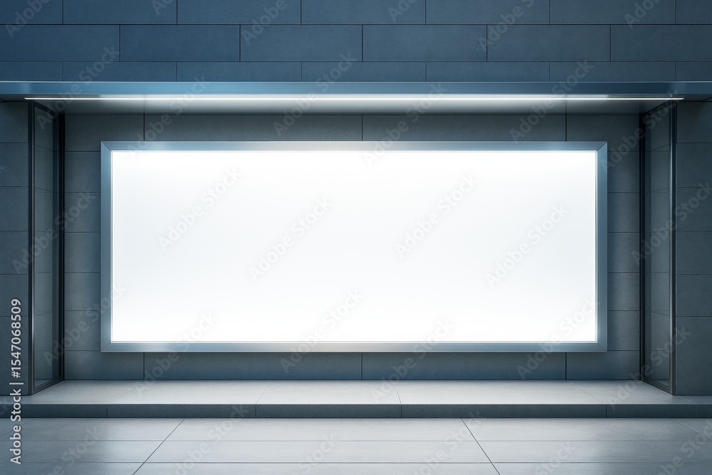 Poster empty illuminated blank billboard on modern dark tiled wall background in contemporary indoor archit