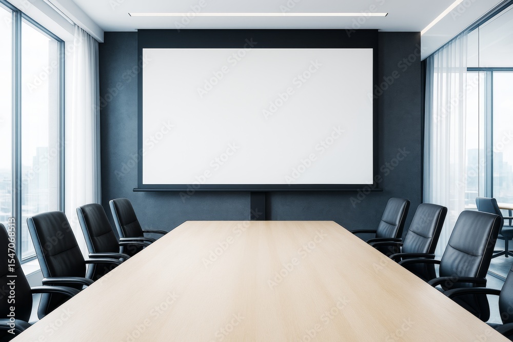 Poster modern empty conference room with blank screen and large table in contemporary office interior with 