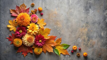 Autumnal Floral Arrangement with Vibrant Hues and Dried Accents on Textured Surface