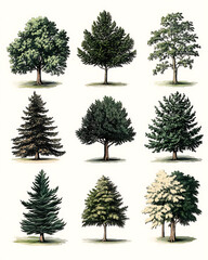 Highly detailed illustrations of various trees, leaves, grasses, and botanical elements, featuring realistic, minimalist, and abstract compositions on a white background.