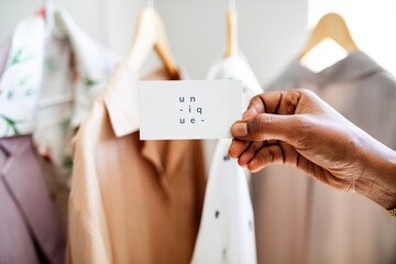 Close-up of a hand holding a card with 'unique' text, in front of hanging clothes. Fashion, style,...
