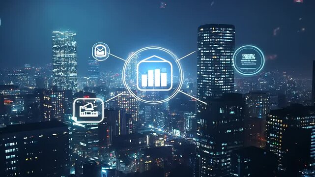 Night city skyline with digital analytics overlay, showcasing urban life and technology integration - Powered by Adobe