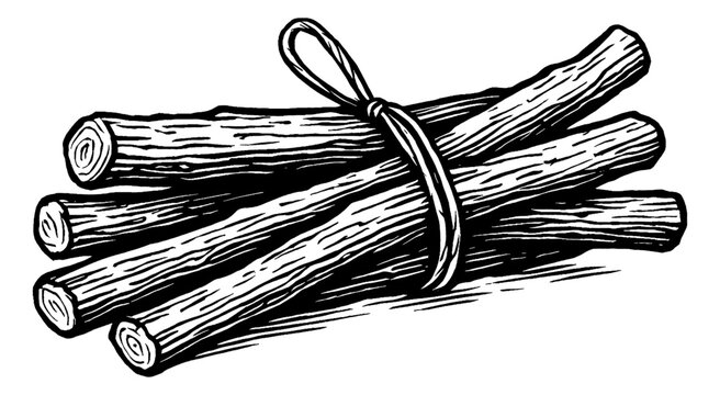 Bundle of Licorice Sticks Tied Together in Black and White Engraving Style