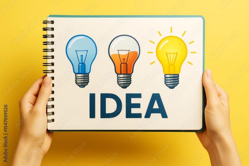 Poster hand holding notebook with colorful light bulbs and word idea on yellow background, symbolizing crea