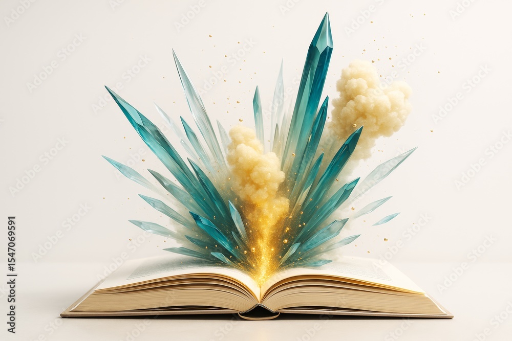 Poster magical explosion of glowing crystals and golden dust from open book on light background, symbolizin