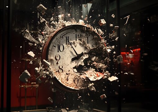 9. A clock exploding into fragments of time and numbers