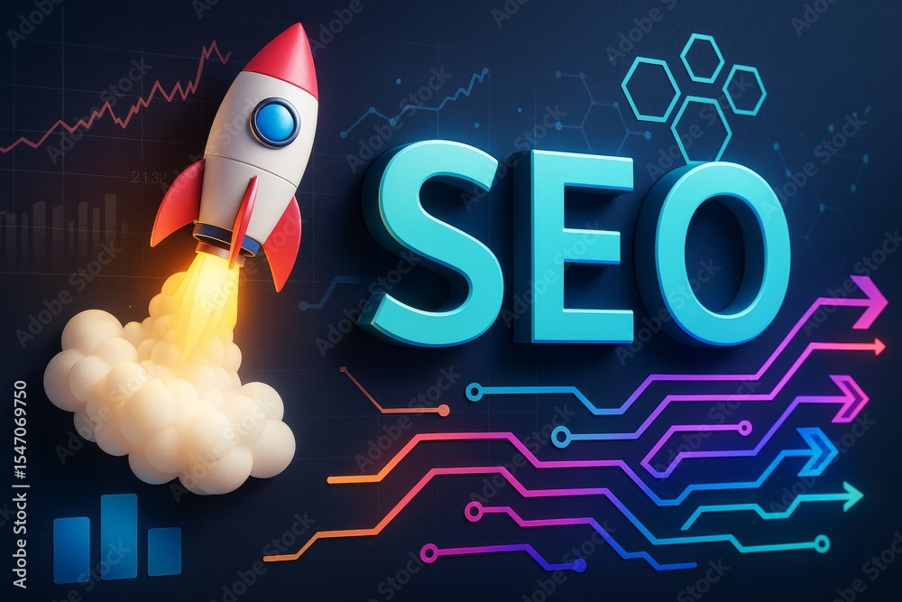 Aufkleber SEO concept with rocket symbolizing growth and digital progress on dark background with colorful tech elements and abstract light patterns.