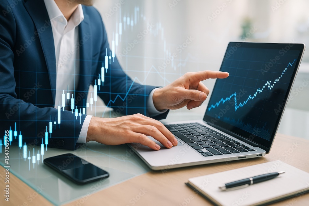 Poster businessman analyzing financial data on laptop with rising stock chart overlay on light office backg