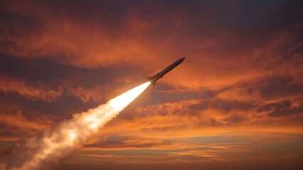 Air Force Thunderbird flies through the sunset sky for war with a fiery tail.