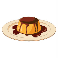 Pudding with caramel vector illustration. Dessert plate graphic for bakery and sweet treat themes.