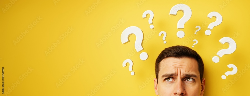 Poster confused man looking up with question marks above his head on yellow background, symbolizing doubt, 