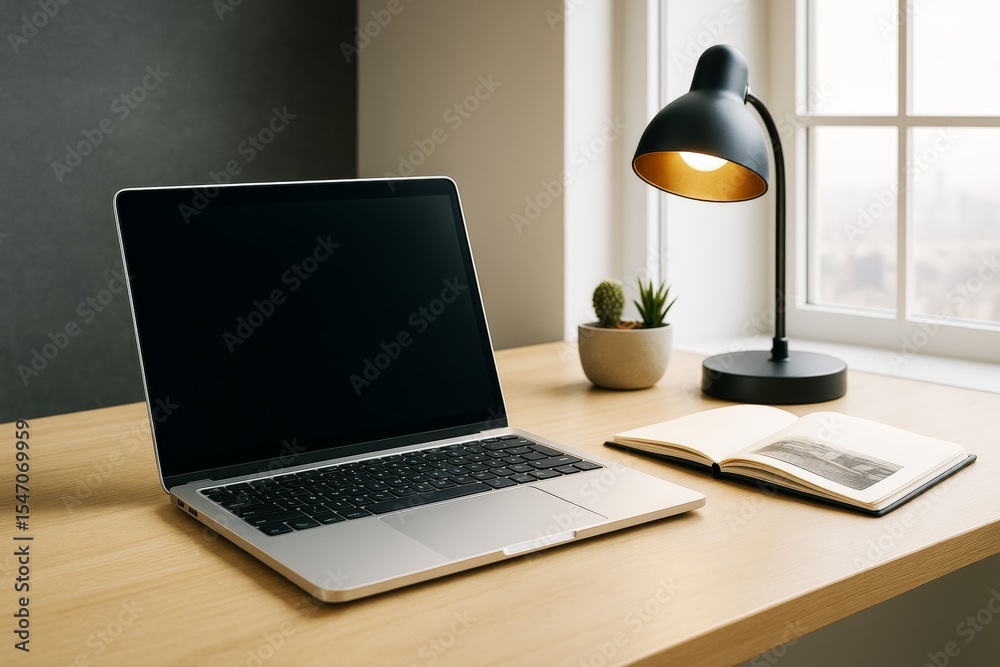 Poster workspace with laptop, open book, and desk lamp near window on light wooden surface for business or 