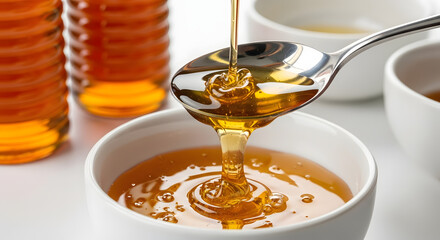 Bowl of Honey with Honey Dipper and Jars