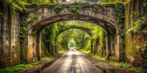 Fototapeta premium Serene Roadway Under Lush, Moss-Covered Archway, Nature's Tunnel of Green