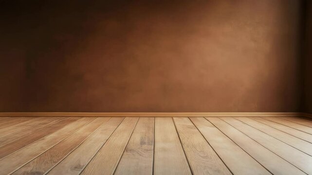 Empty room with wooden floor and brown wall illuminated by natural light from window creating warm atmosphere interior hardwood sunlight empty space cozy inviting warm natural light brown textured