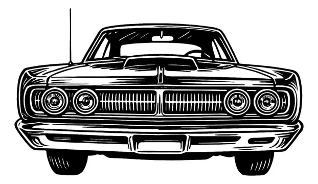 Naklejki Front view of classic muscle car in black and white line art drawing style illustration