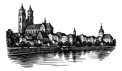 Fototapeta premium Cityscape with Cathedral and Buildings along Riverbank in Detailed Black and White Pen Ink Drawing