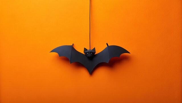 A hanging black bat decoration against a vibrant orange backdrop, perfect for Halloween festivities or autumnal themed designs. - Powered by Adobe
