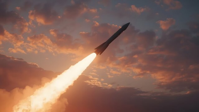 3d rendering of a missile war rocket flying in the sky at sunset.