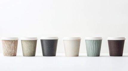 Unique Coffee Cups with Textured Designs on a Plain Background