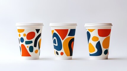 Colorful Art Coffee Cups with Abstract Design on White Background