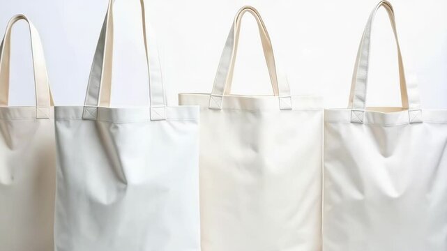 Five plain white canvas tote bags standing in a row on a bright white surface ideal for customization, branding and advertising