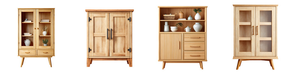 Light Wood Cabinets Set: Natural Wooden Furniture for Interior Design Mockups