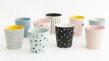 Colorful ceramic cups with playful patterns on white background