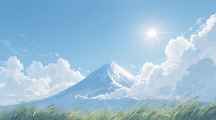 Majestic mountain under clear blue sky with bright sun and fluffy clouds in springtime landscape.