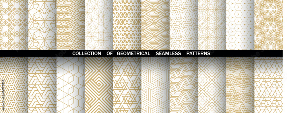 Poster Geometric set of seamless golden and white patterns. Simple vector graphics