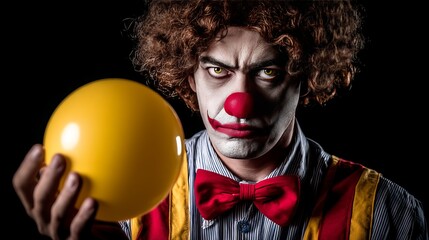 Creepy clown with intense expression holding a yellow balloon, inspired by horror and IT movie themes