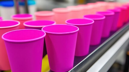 Vibrant Pink Disposable Cups Arranged Neatly on a Factory Conveyor