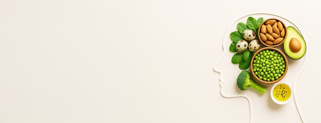 Brain-shaped food arrangement with healthy green vegetables, nuts, and eggs on light background for health and nutrition promotion concept.