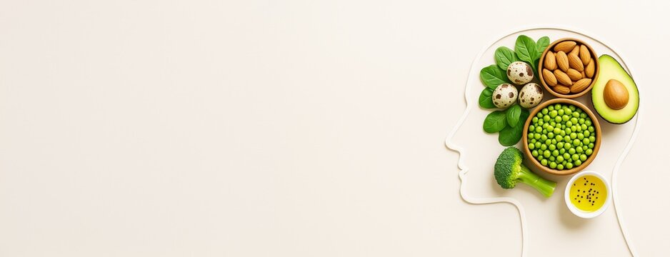 Brain-shaped food arrangement with healthy green vegetables, nuts, and eggs on light background for health and nutrition promotion concept.