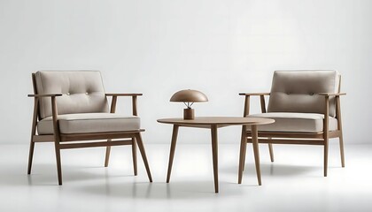 Living Room Armchairs with Table and Lamp on White Background